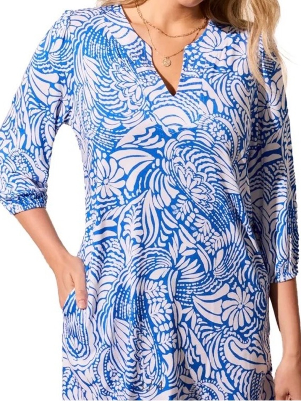 TRIBAL DRESS Sheath Tunic BLUE WHITE Sz XL